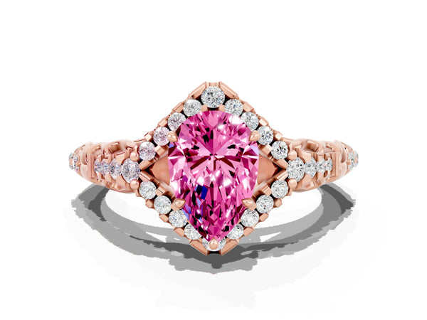 Rose gold Pear Cut Pink Sapphire Solitaire Ring with Hidden Halo and Pavé Band