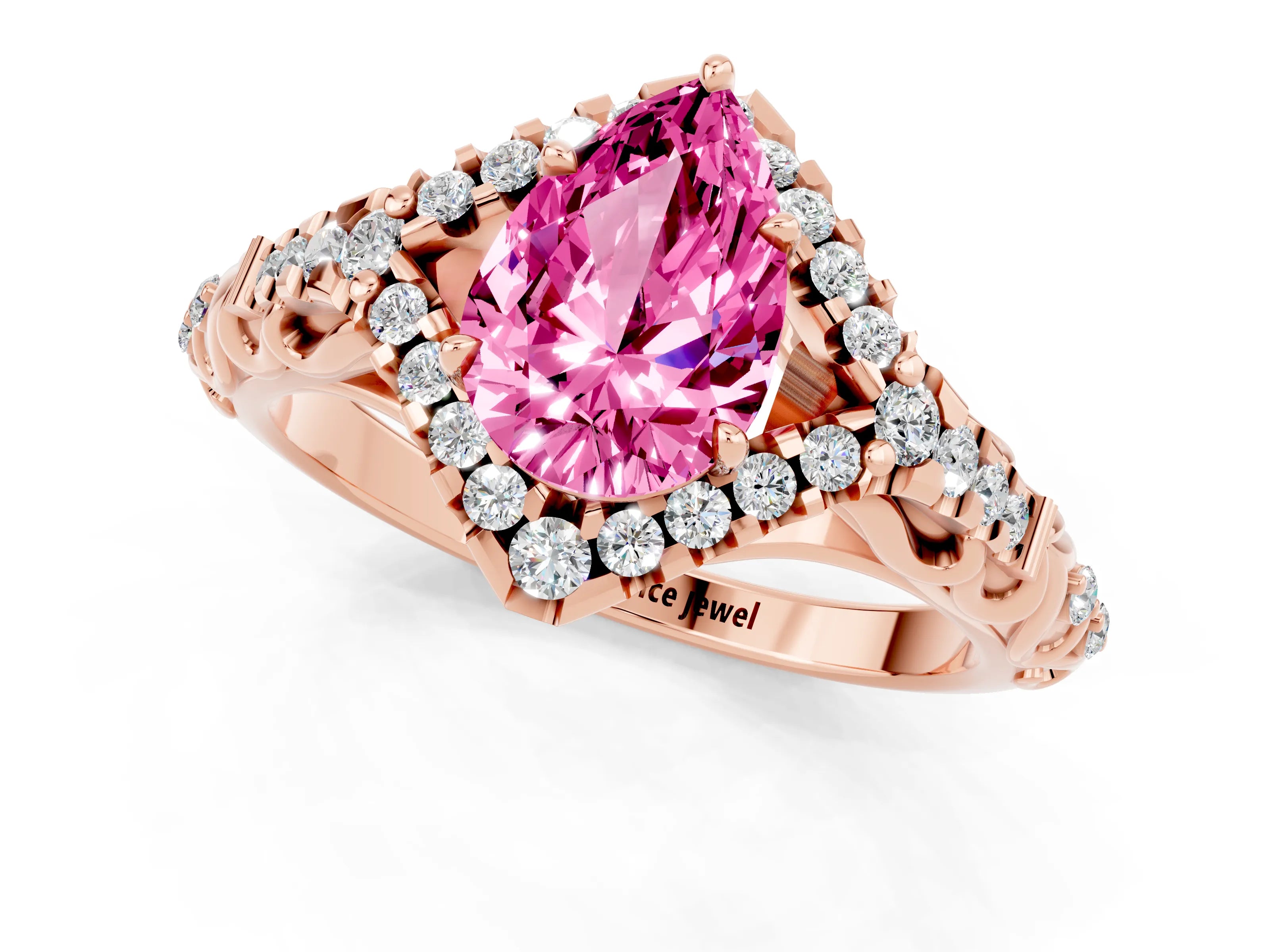 Rose gold Pear Cut Pink Sapphire Solitaire Ring with Hidden Halo and Pavé Band_13