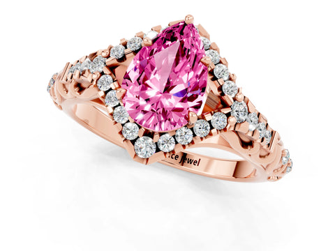 Rose gold Pear Cut Pink Sapphire Solitaire Ring with Hidden Halo and Pavé Band_13