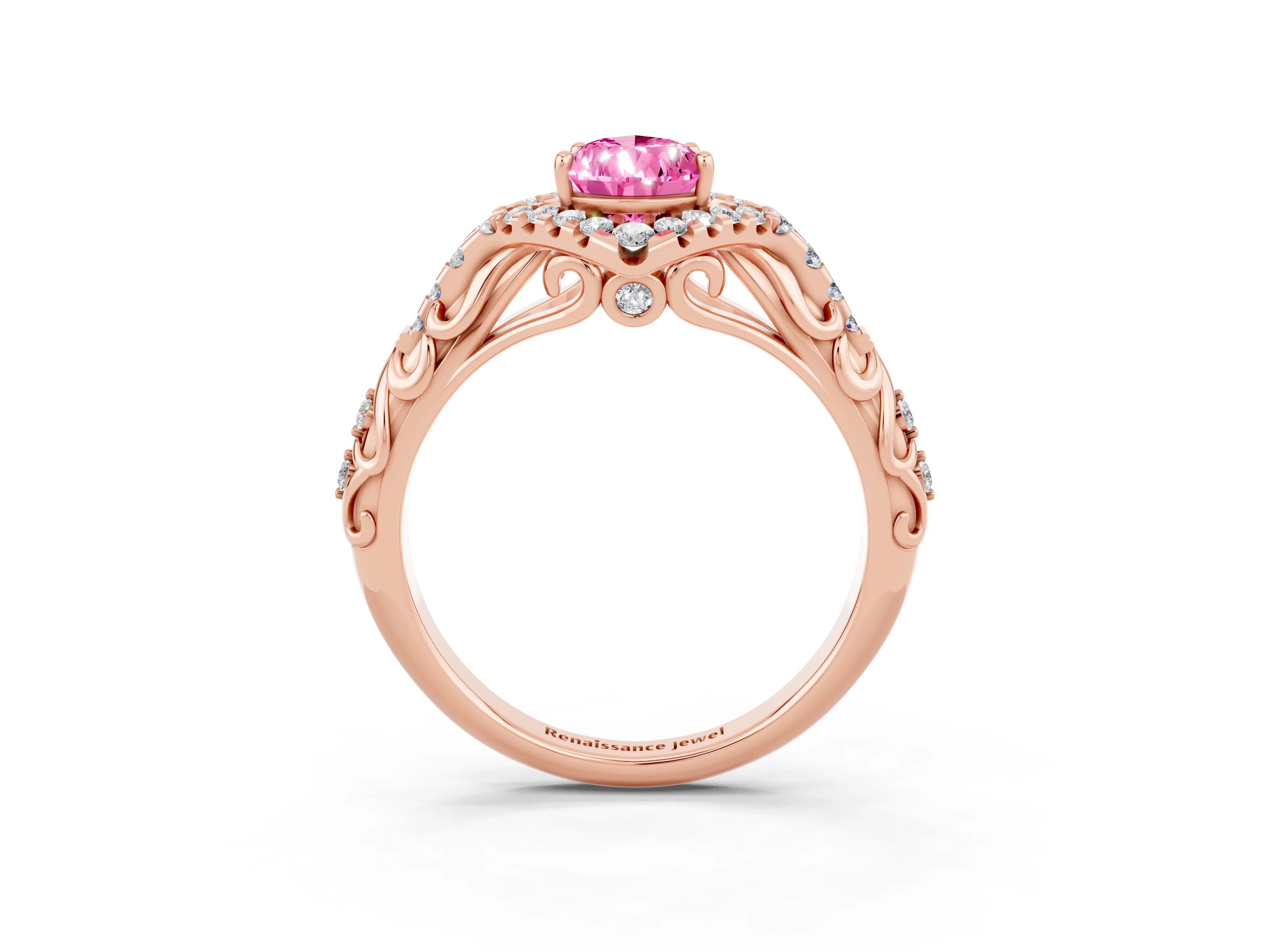 Rose gold Pear Cut Pink Sapphire Solitaire Ring with Hidden Halo and Pavé Band_15
