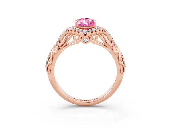 Rose gold Pear Cut Pink Sapphire Solitaire Ring with Hidden Halo and Pavé Band