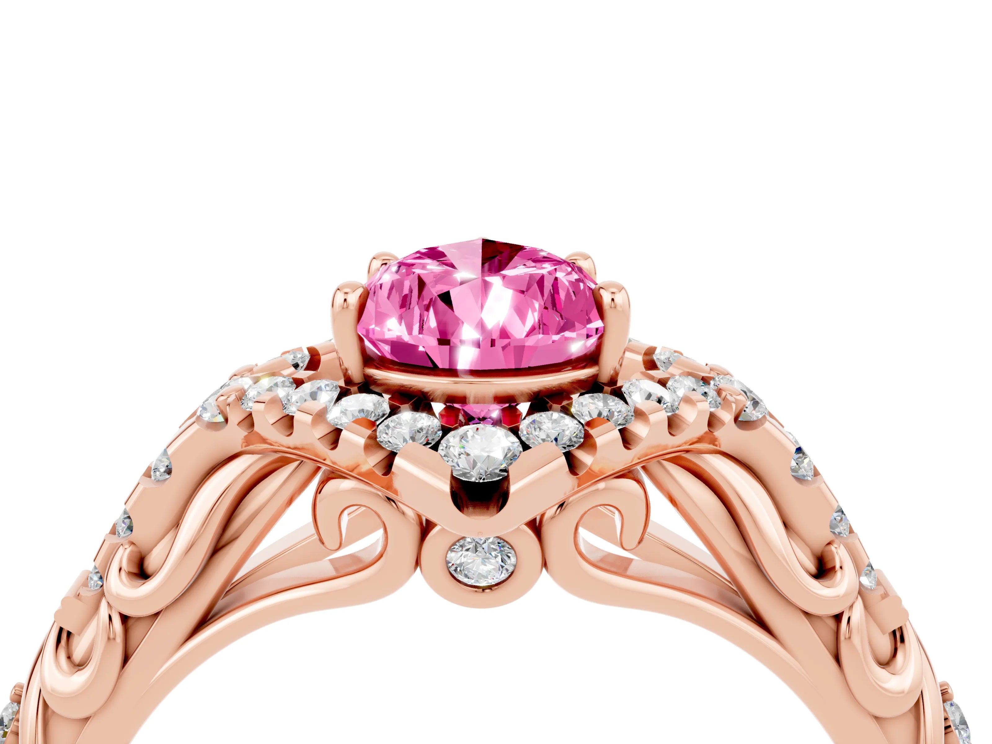 Rose gold Pear Cut Pink Sapphire Solitaire Ring with Hidden Halo and Pavé Band_16