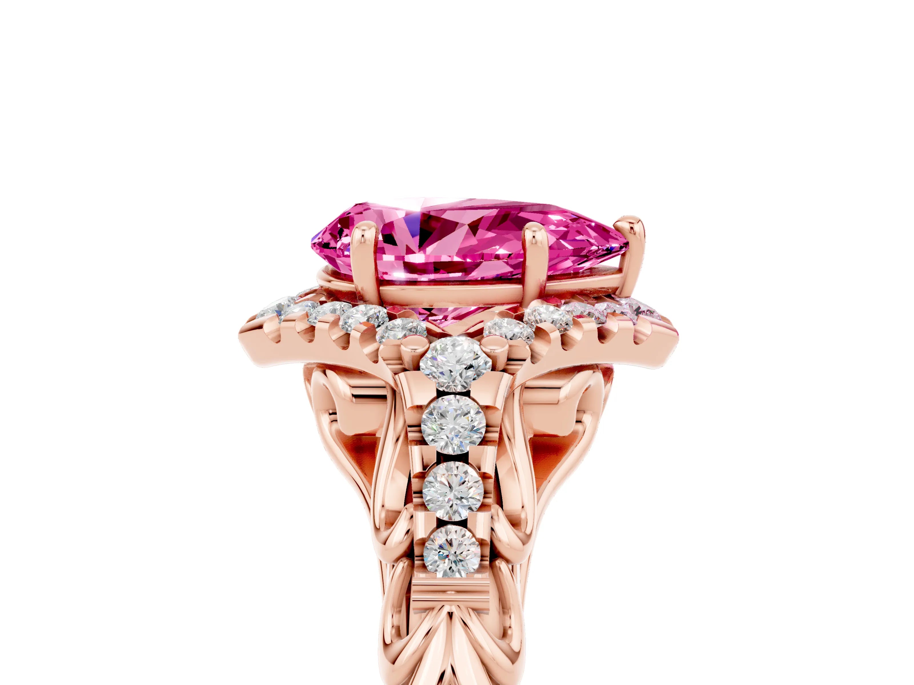 Rose gold Pear Cut Pink Sapphire Solitaire Ring with Hidden Halo and Pavé Band_17