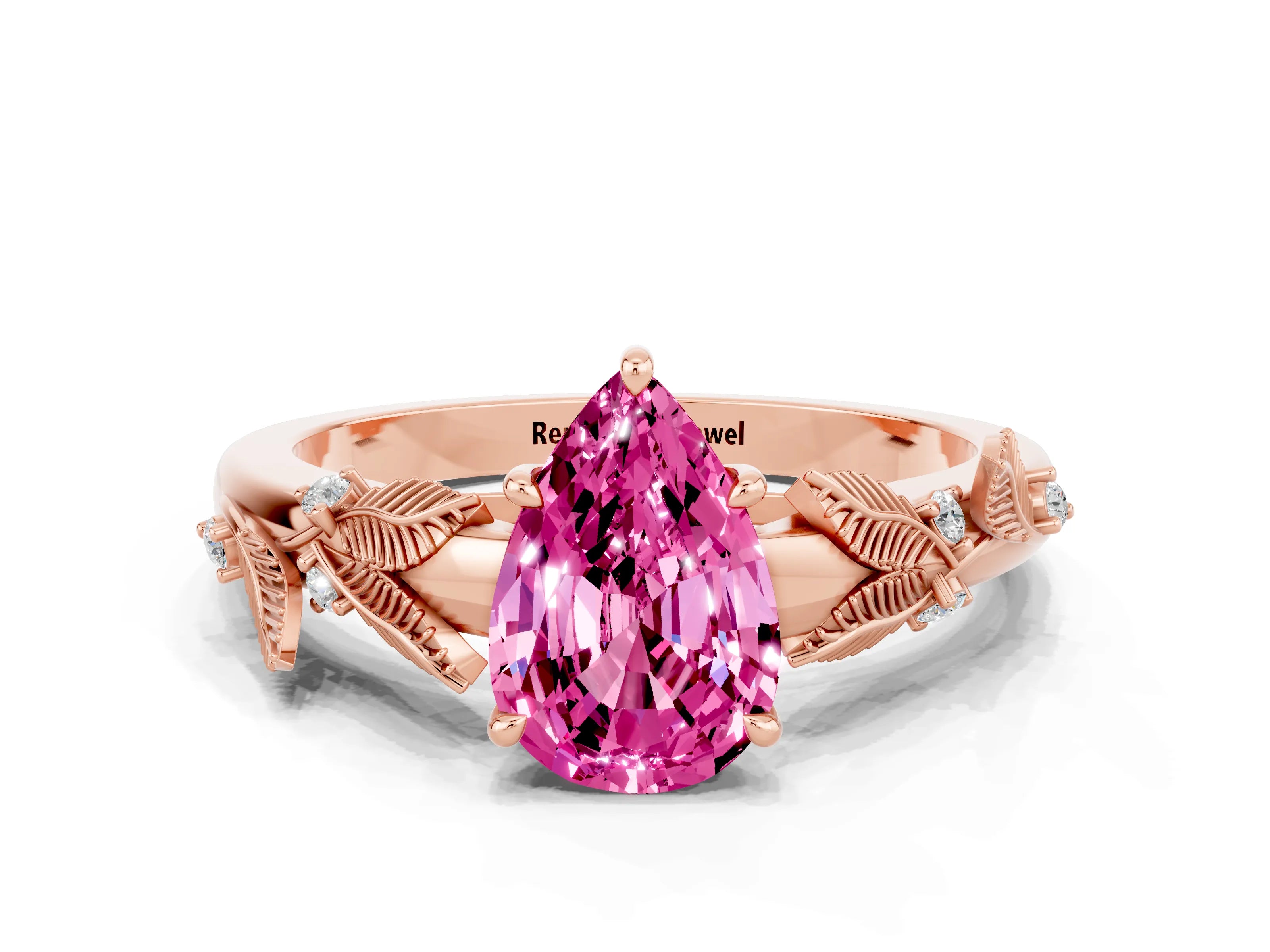 Rose gold Pear Cut Pink Sapphire Solitaire Ring with Leaf Motif Band and Four-Prong Setting