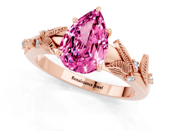 Rose gold Pear Cut Pink Sapphire Solitaire Ring with Leaf Motif Band and Four-Prong Setting