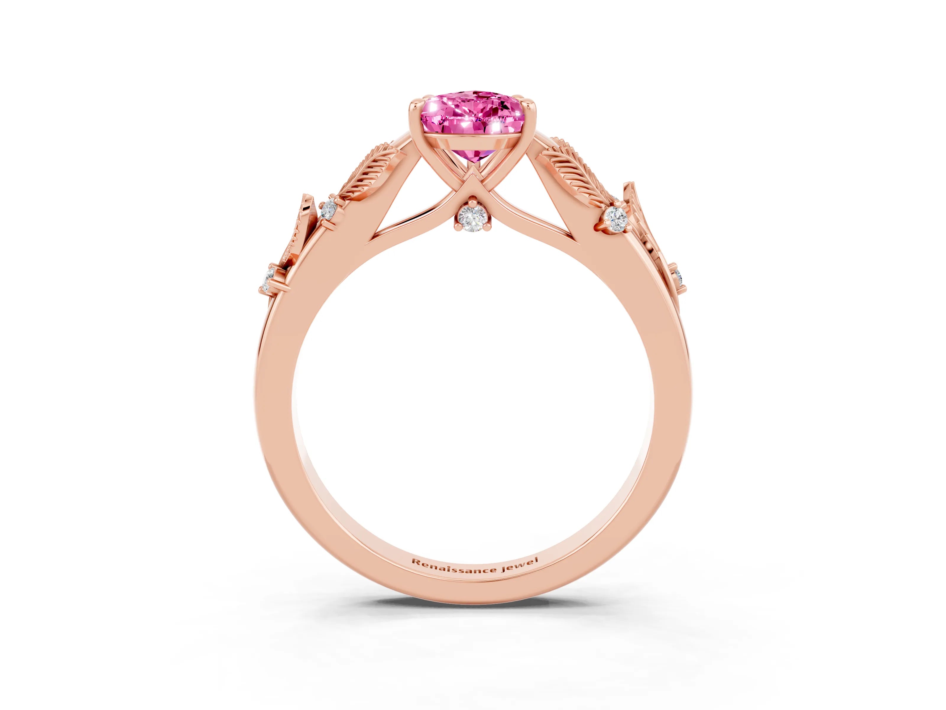 Rose gold Pear Cut Pink Sapphire Solitaire Ring with Leaf Motif Band and Four-Prong Setting_3