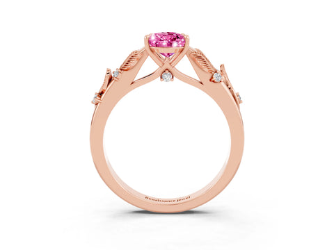 Rose gold Pear Cut Pink Sapphire Solitaire Ring with Leaf Motif Band and Four-Prong Setting_3