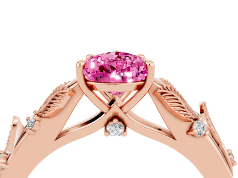 Rose gold Pear Cut Pink Sapphire Solitaire Ring with Leaf Motif Band and Four-Prong Setting_4