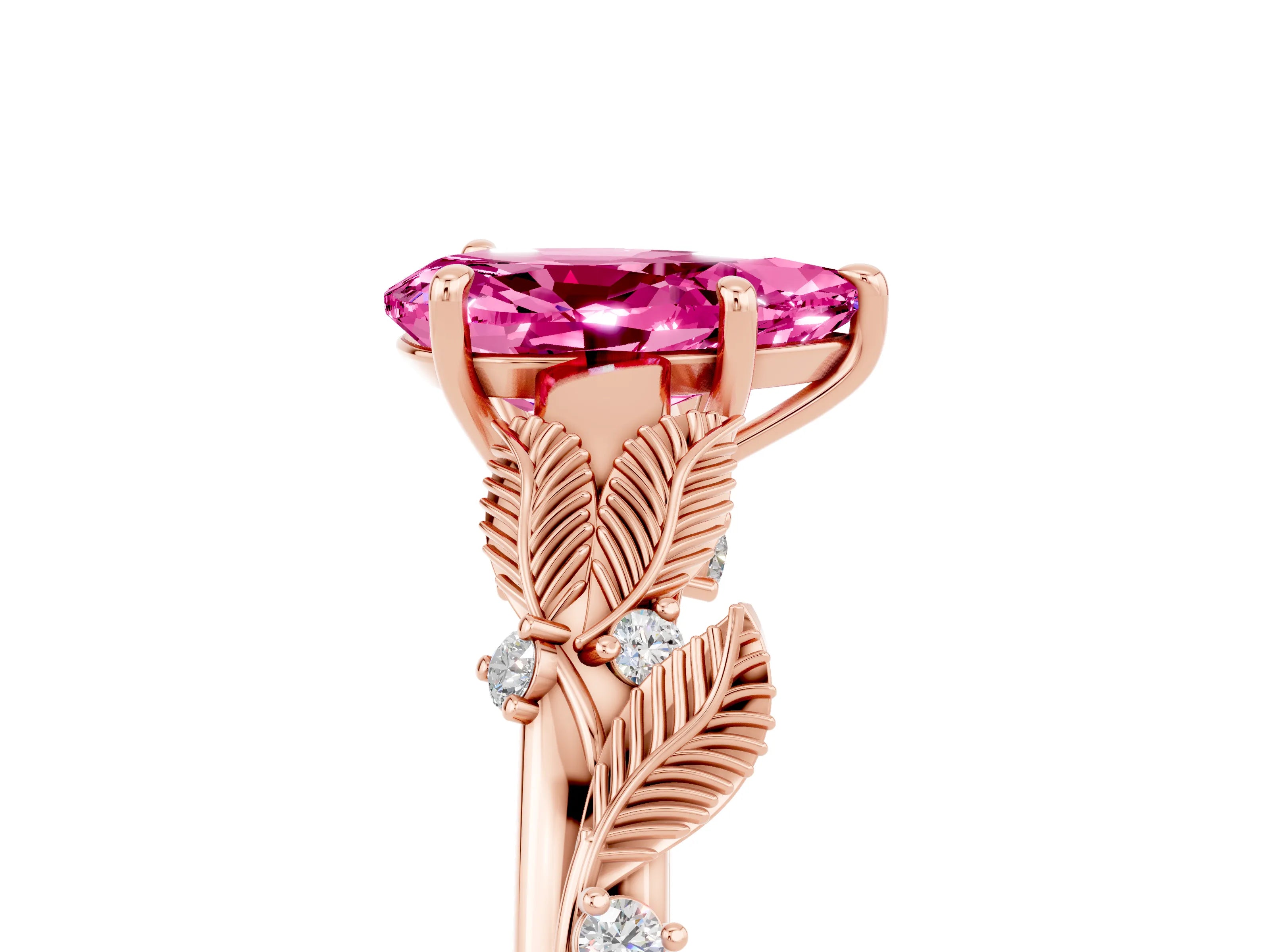 Rose gold Pear Cut Pink Sapphire Solitaire Ring with Leaf Motif Band and Four-Prong Setting_5