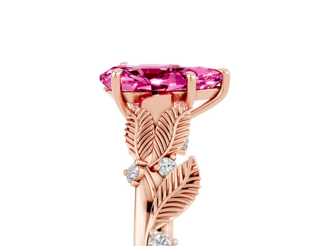 Rose gold Pear Cut Pink Sapphire Solitaire Ring with Leaf Motif Band and Four-Prong Setting_5