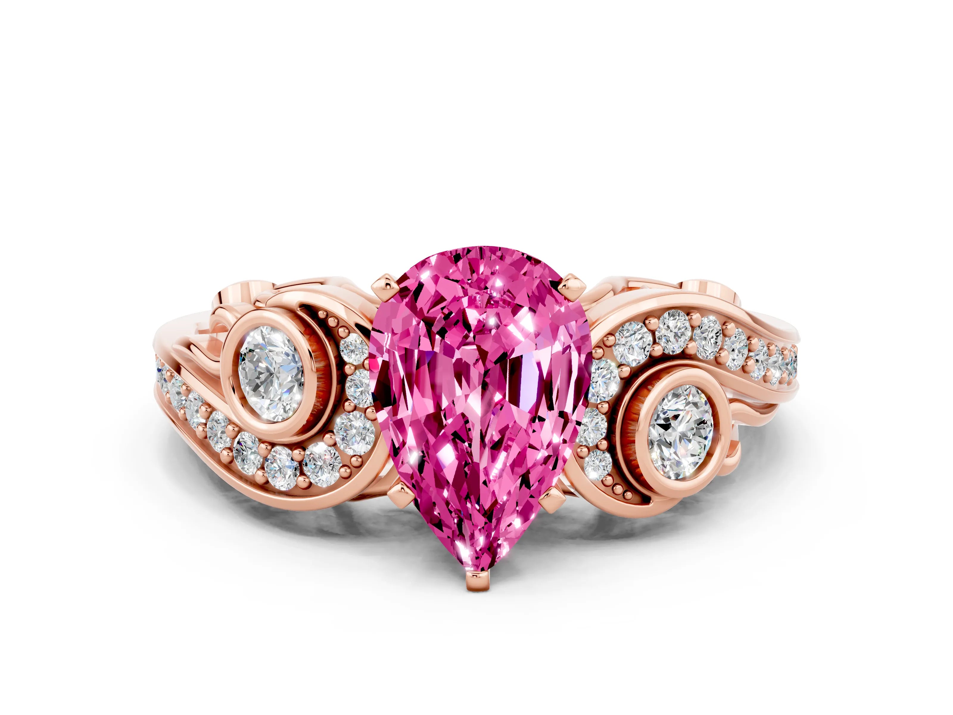 Rose gold Pear Cut Pink Sapphire Solitaire Ring with Milgrain Pavé Band and Four-Prong Setting_24
