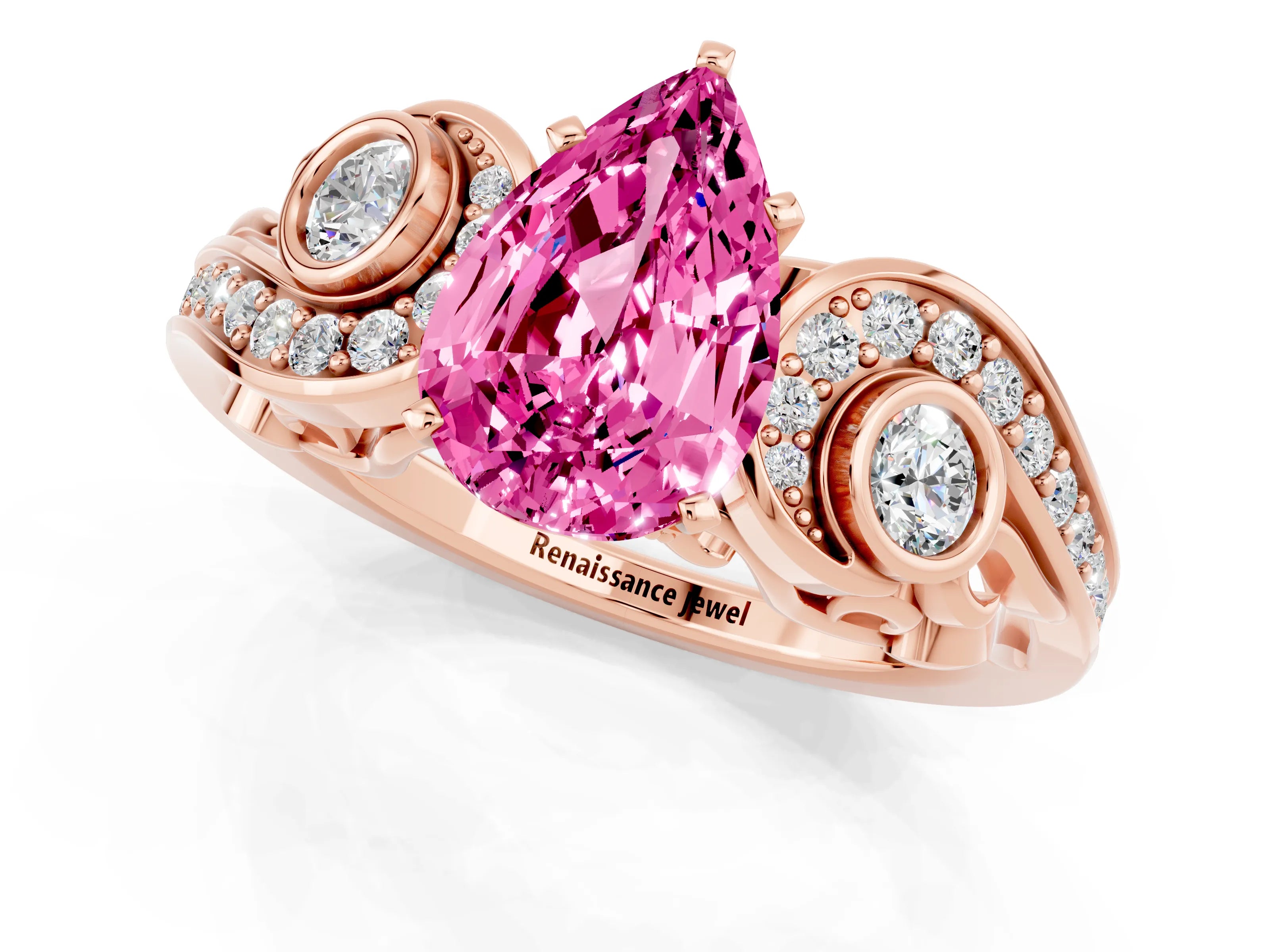 Rose gold Pear Cut Pink Sapphire Solitaire Ring with Milgrain Pavé Band and Four-Prong Setting_25