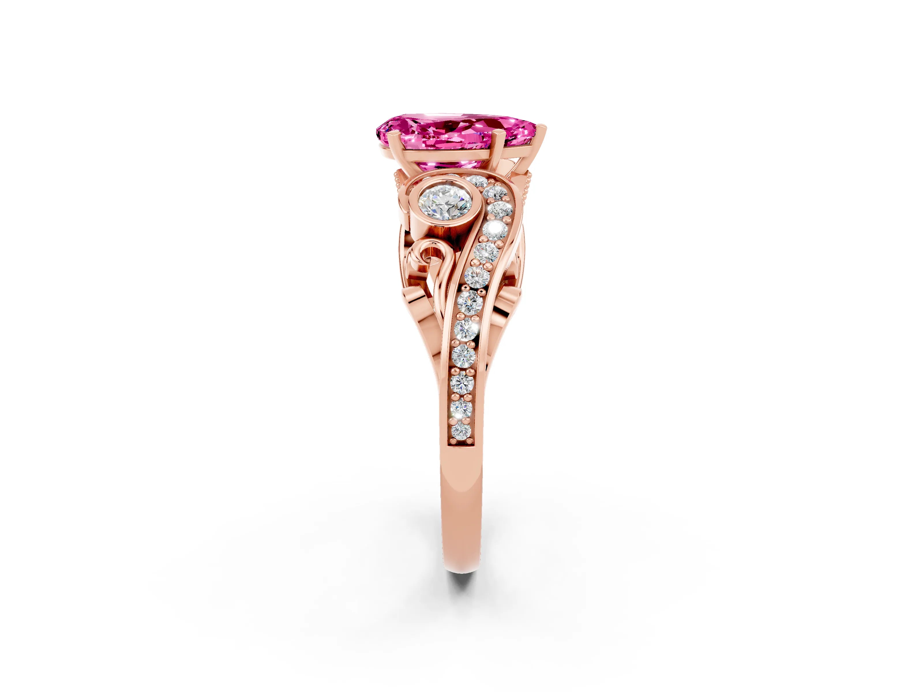 Rose gold Pear Cut Pink Sapphire Solitaire Ring with Milgrain Pavé Band and Four-Prong Setting_26