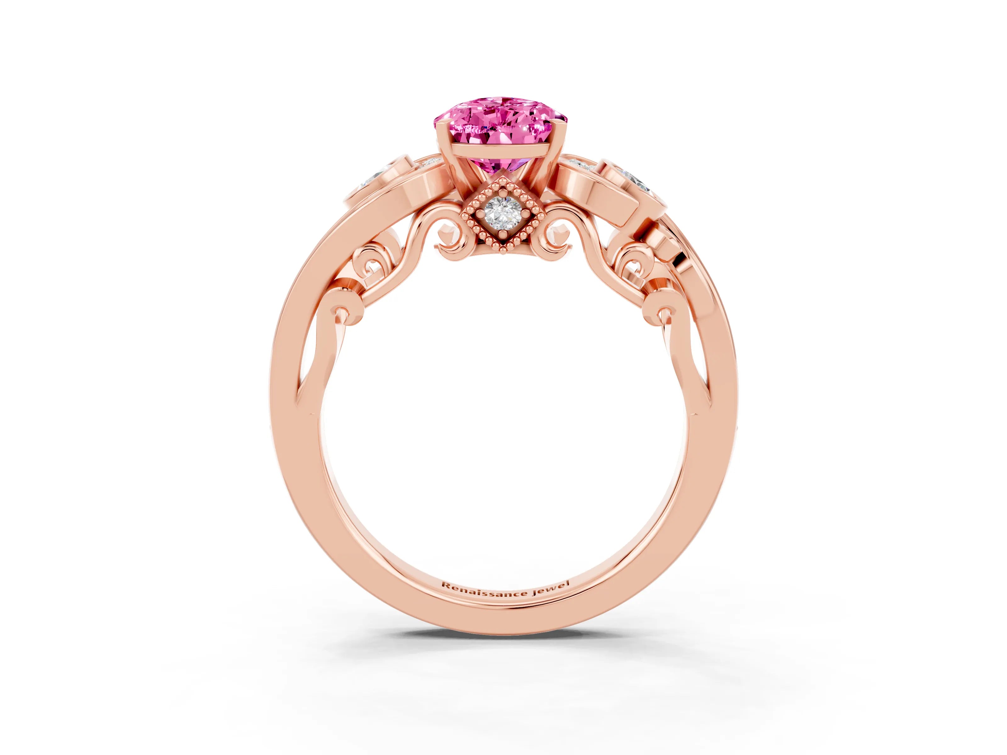 Rose gold Pear Cut Pink Sapphire Solitaire Ring with Milgrain Pavé Band and Four-Prong Setting_27