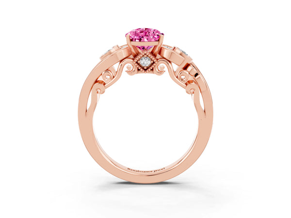 Rose gold Pear Cut Pink Sapphire Solitaire Ring with Milgrain Pavé Band and Four-Prong Setting