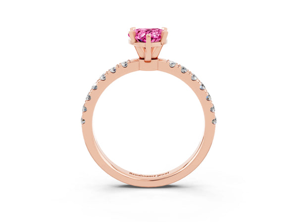 Rose gold Pear Cut Pink Sapphire Solitaire Ring with Pavé Accents and Four-Prong Setting