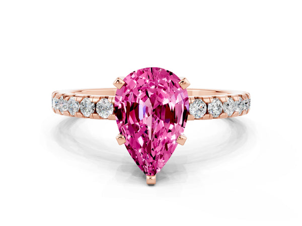 Rose gold Pear Cut Pink Sapphire Solitaire Ring with Round  Pavé Band and Four-Prong Setting