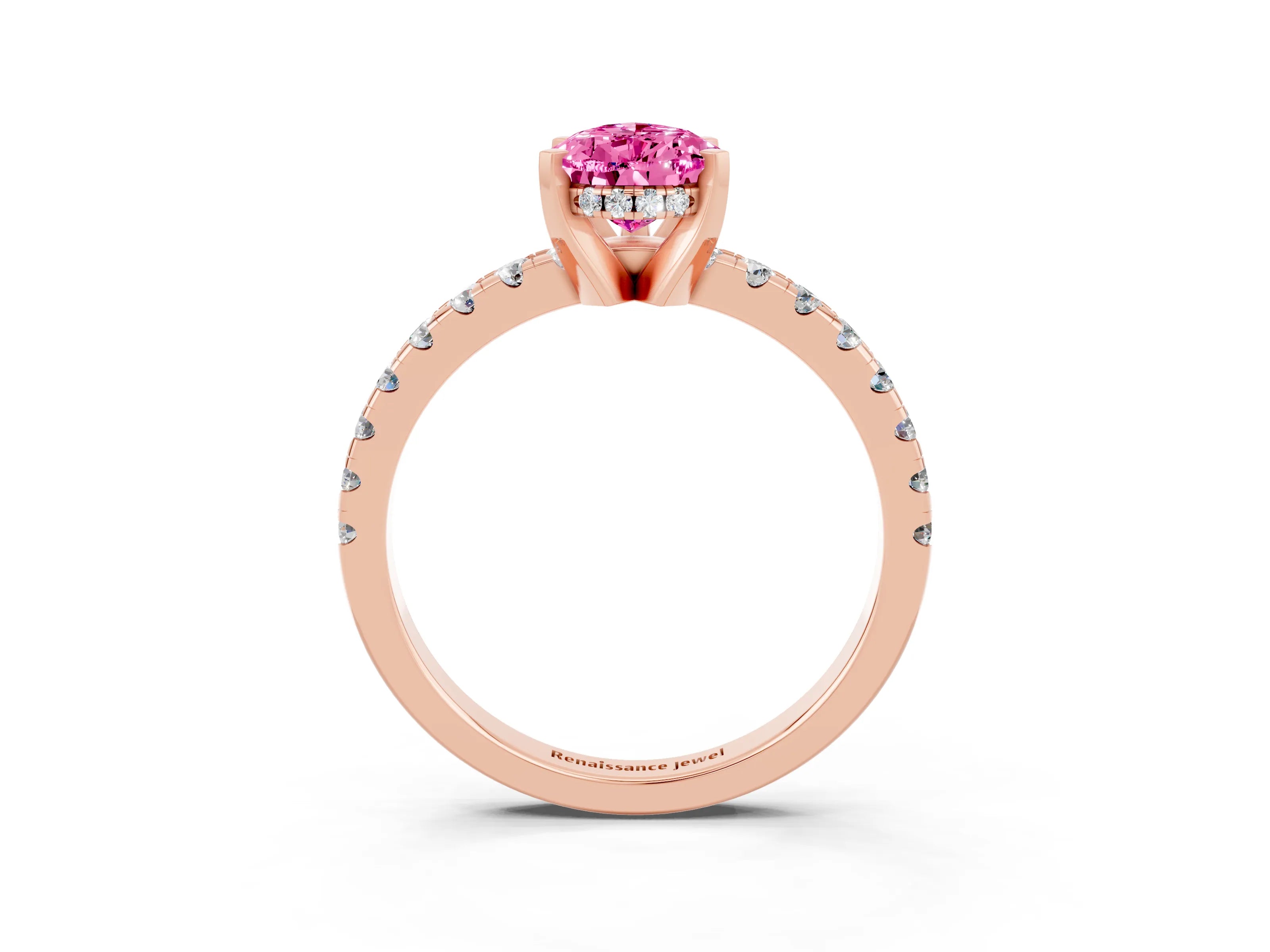 Rose gold Pear Cut Pink Sapphire Solitaire Ring with Pavé Band and Four-Prong Setting_63
