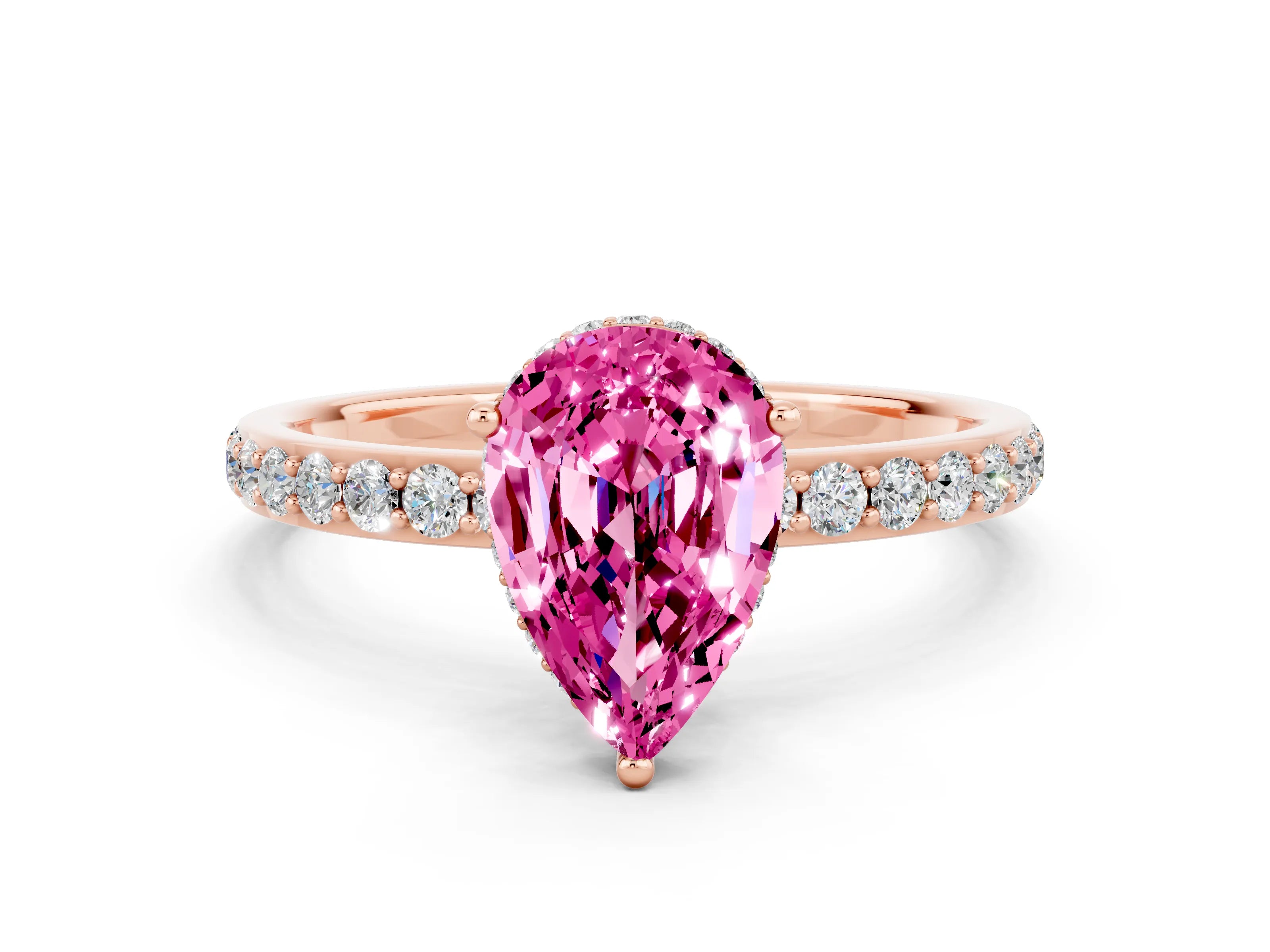 Rose gold Pear Cut Pink Sapphire Solitaire Ring with Pavé Band and Hidden Halo_12