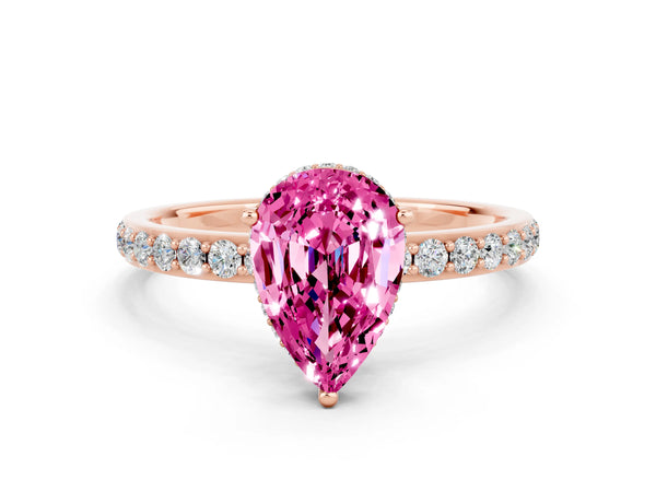Rose gold Pear Cut Pink Sapphire Solitaire Ring with Pavé Band and Hidden Halo