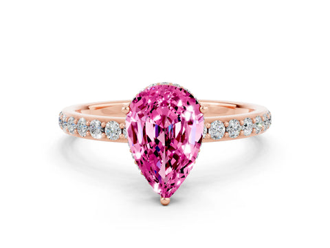 Rose gold Pear Cut Pink Sapphire Solitaire Ring with Pavé Band and Hidden Halo_12