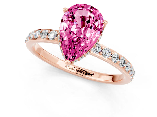 Rose gold Pear Cut Pink Sapphire Solitaire Ring with Pavé Band and Hidden Halo