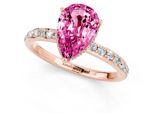 Rose gold Pear Cut Pink Sapphire Solitaire Ring with Pavé Band and Hidden Halo_13