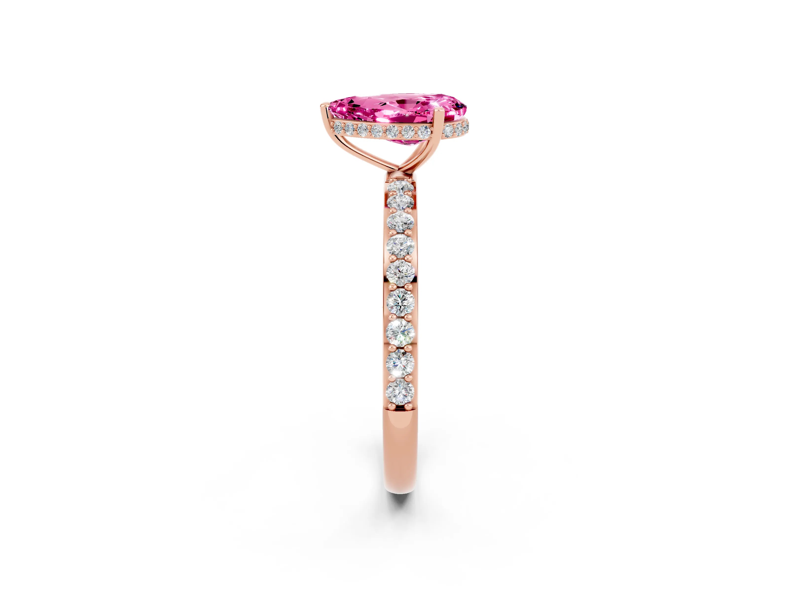 Rose gold Pear Cut Pink Sapphire Solitaire Ring with Pavé Band and Hidden Halo_14