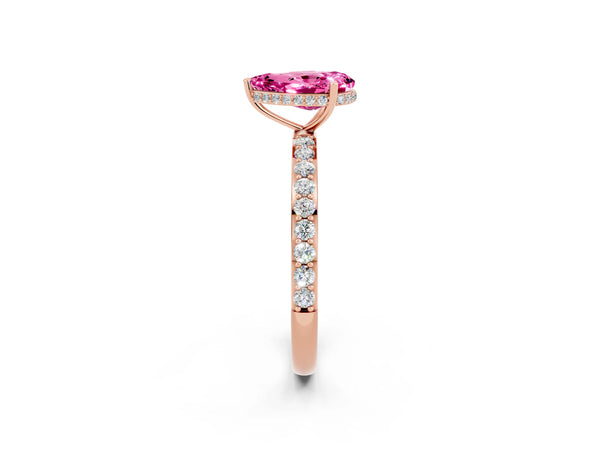 Rose gold Pear Cut Pink Sapphire Solitaire Ring with Pavé Band and Hidden Halo