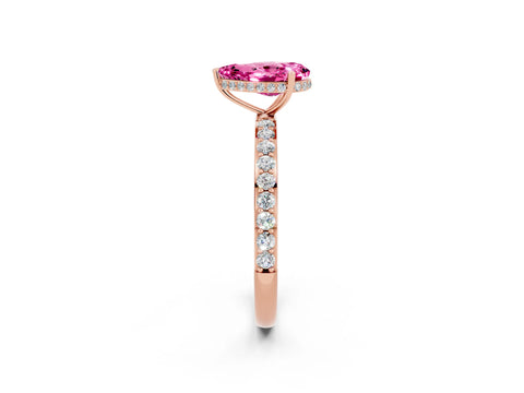 Rose gold Pear Cut Pink Sapphire Solitaire Ring with Pavé Band and Hidden Halo_14