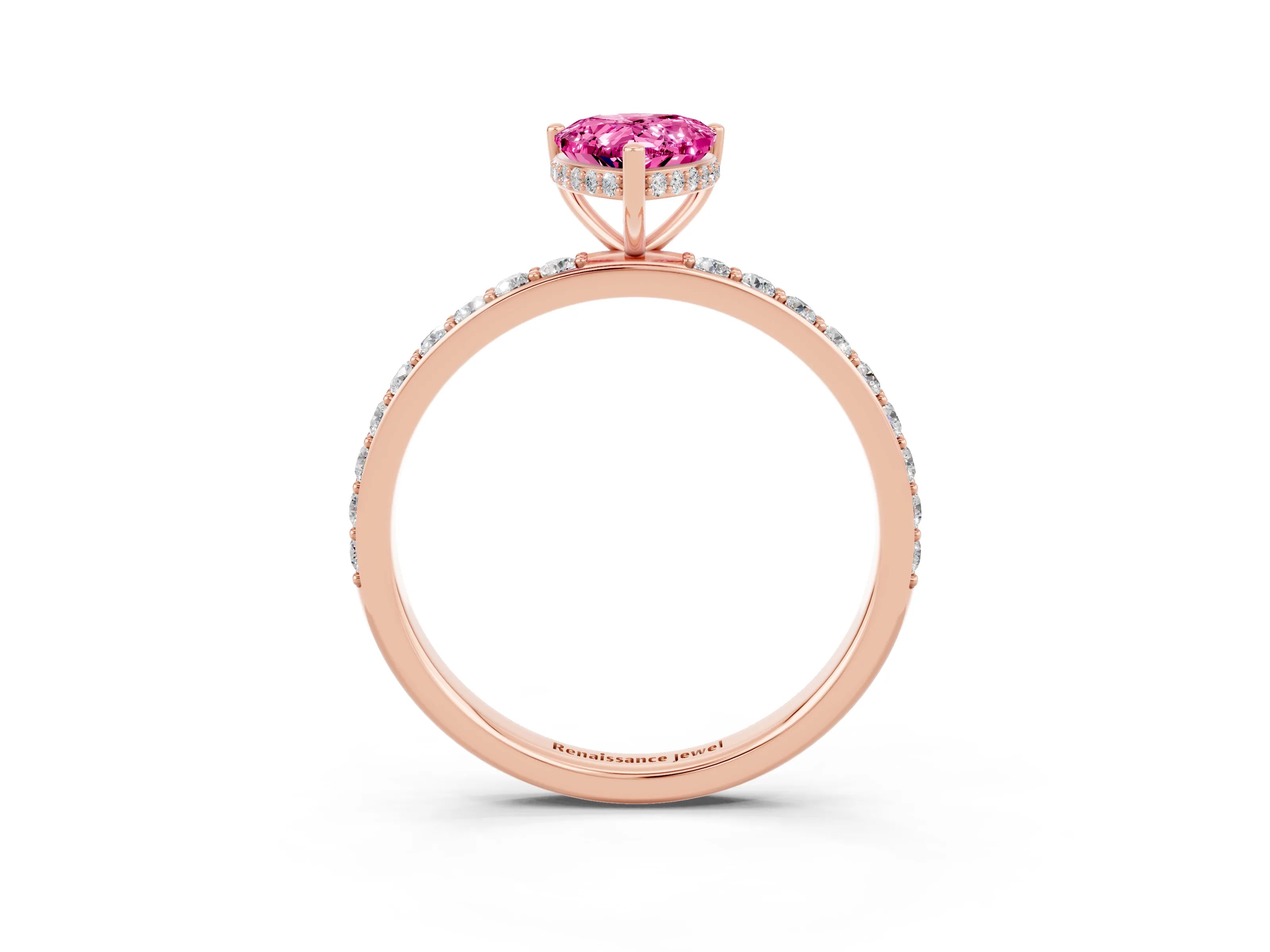 Rose gold Pear Cut Pink Sapphire Solitaire Ring with Pavé Band and Hidden Halo_15