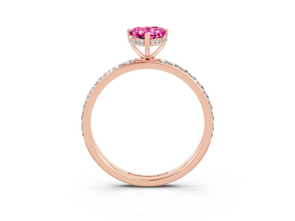 Rose gold Pear Cut Pink Sapphire Solitaire Ring with Pavé Band and Hidden Halo