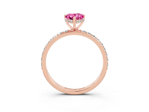 Rose gold Pear Cut Pink Sapphire Solitaire Ring with Pavé Band and Hidden Halo_15