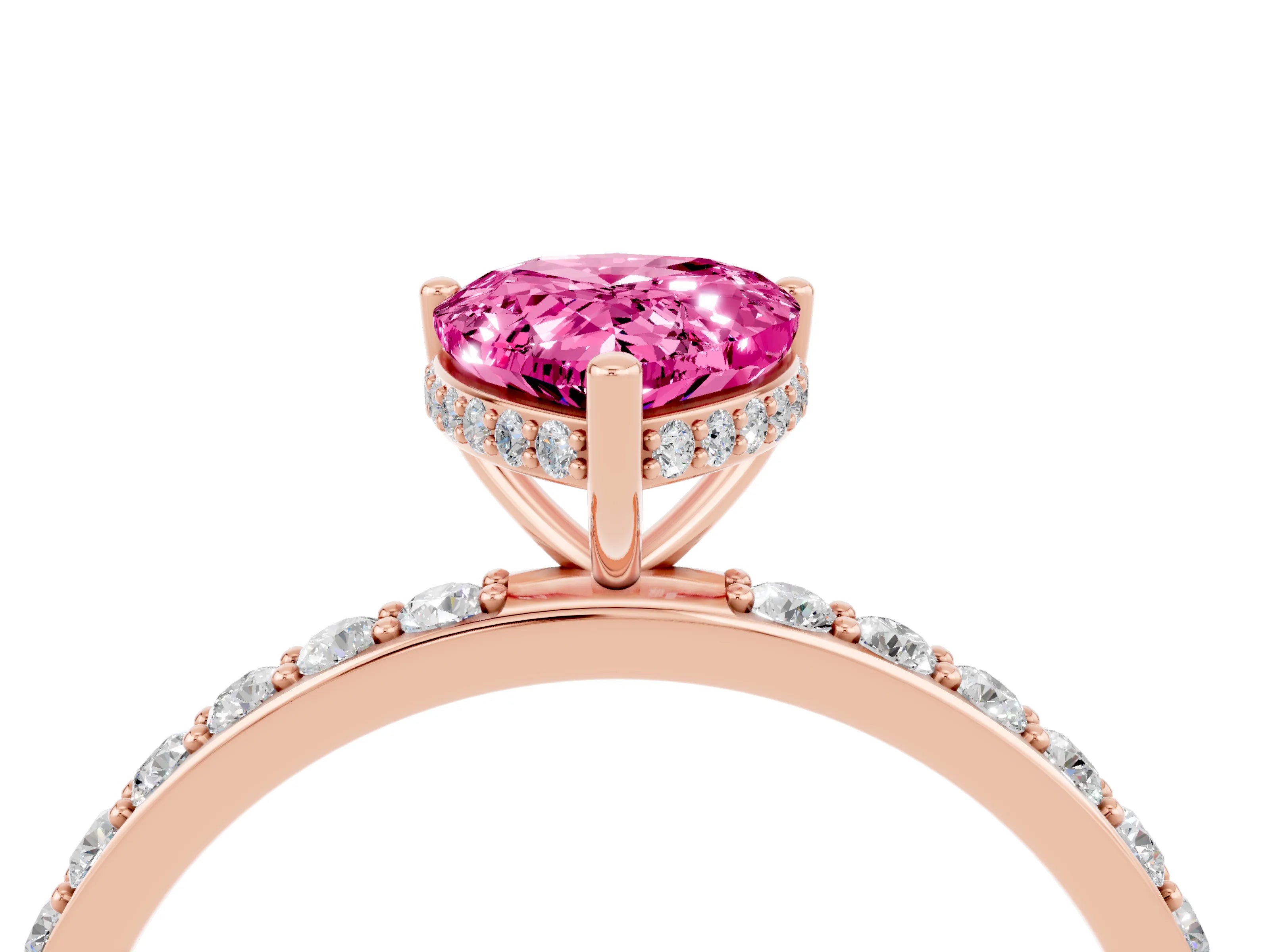 Rose gold Pear Cut Pink Sapphire Solitaire Ring with Pavé Band and Hidden Halo_16