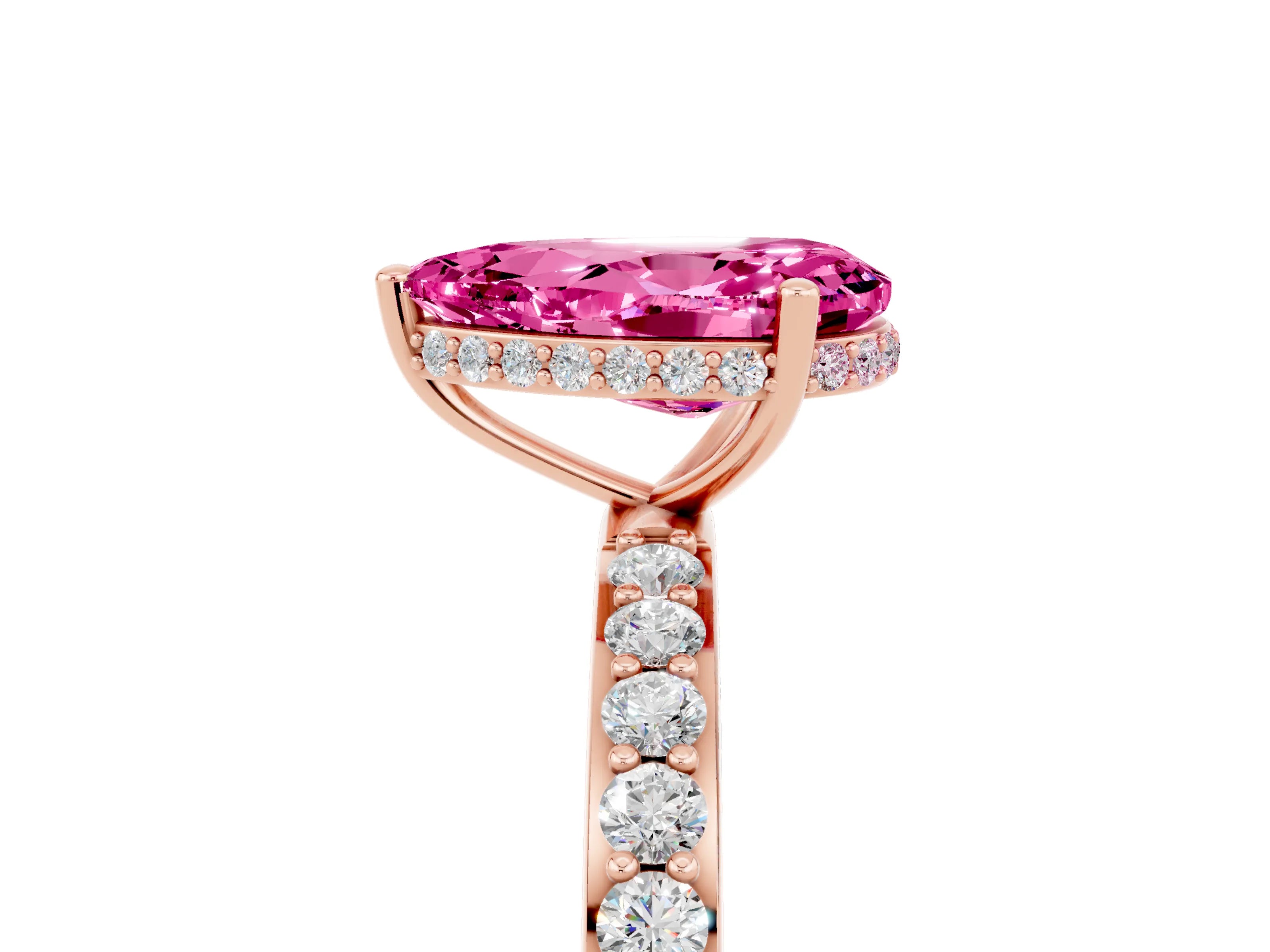 Rose gold Pear Cut Pink Sapphire Solitaire Ring with Pavé Band and Hidden Halo_17