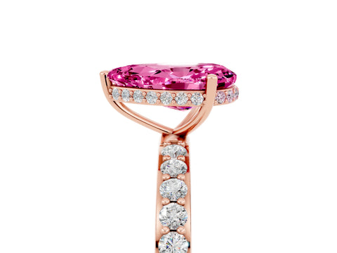 Rose gold Pear Cut Pink Sapphire Solitaire Ring with Pavé Band and Hidden Halo_17