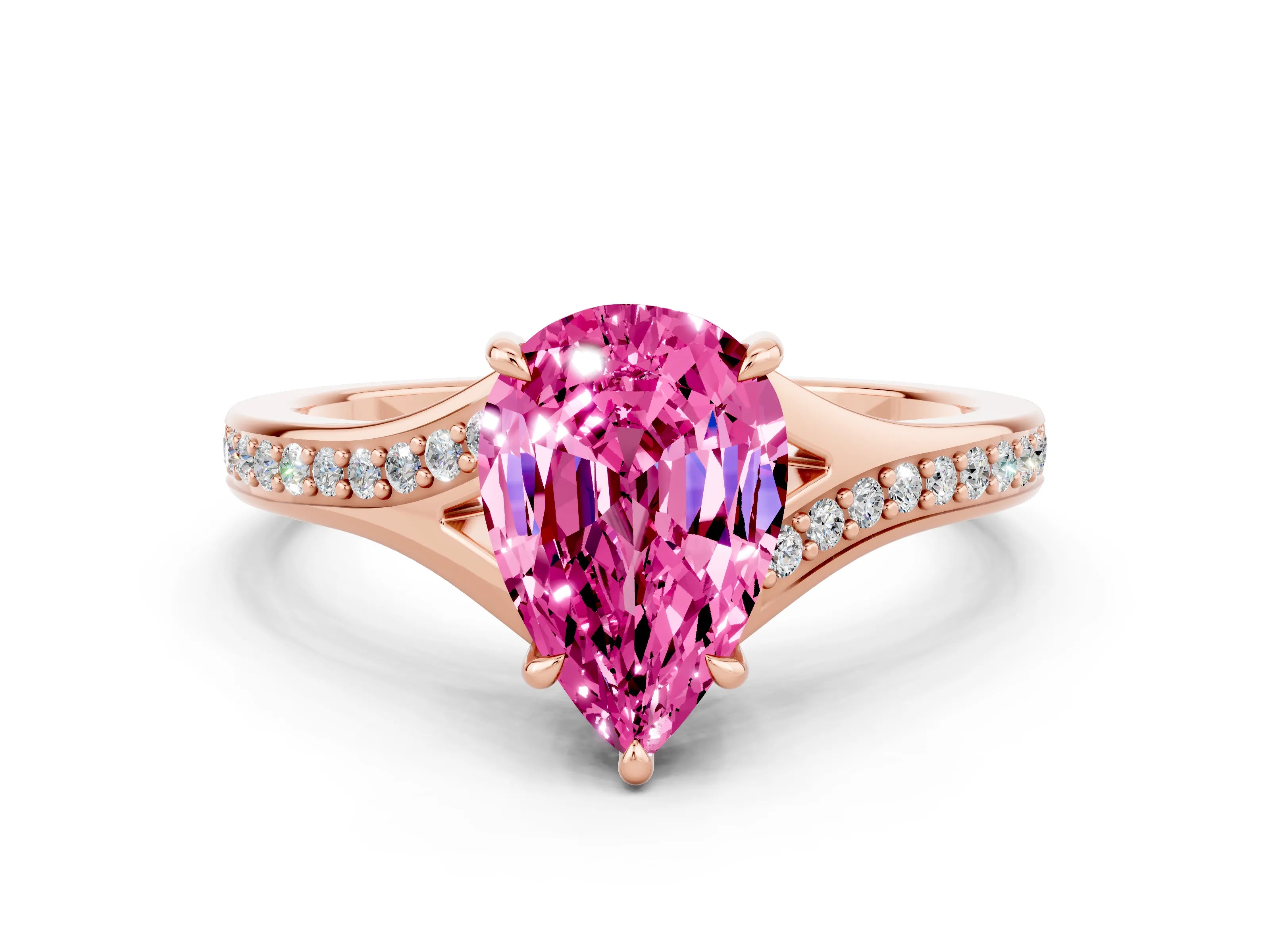 Rose gold Pear Cut Pink Sapphire Solitaire Ring with Pavé Band and Prong Setting_12