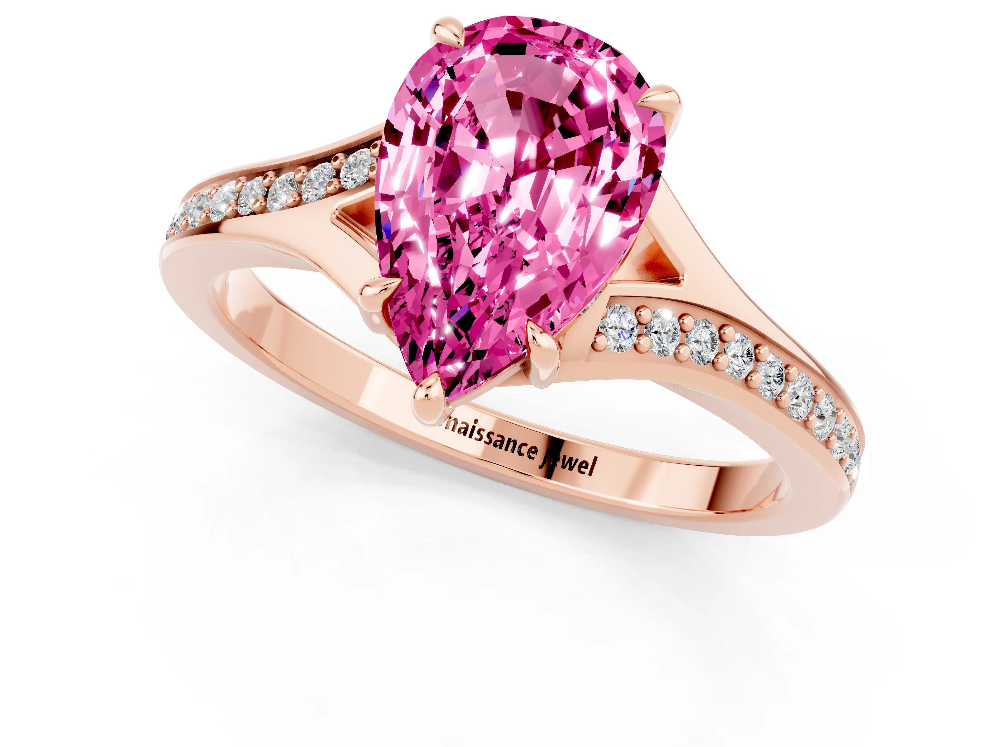 Rose gold Pear Cut Pink Sapphire Solitaire Ring with Pavé Band and Prong Setting_13