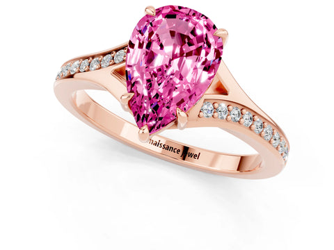 Rose gold Pear Cut Pink Sapphire Solitaire Ring with Pavé Band and Prong Setting_13