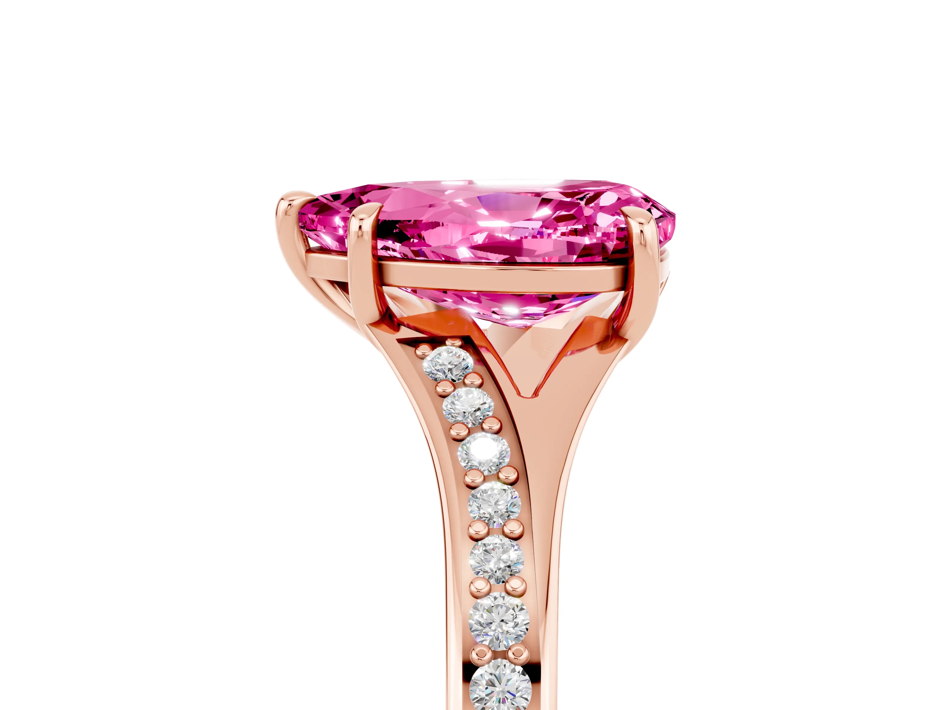 Rose gold Pear Cut Pink Sapphire Solitaire Ring with Pavé Band and Prong Setting_17