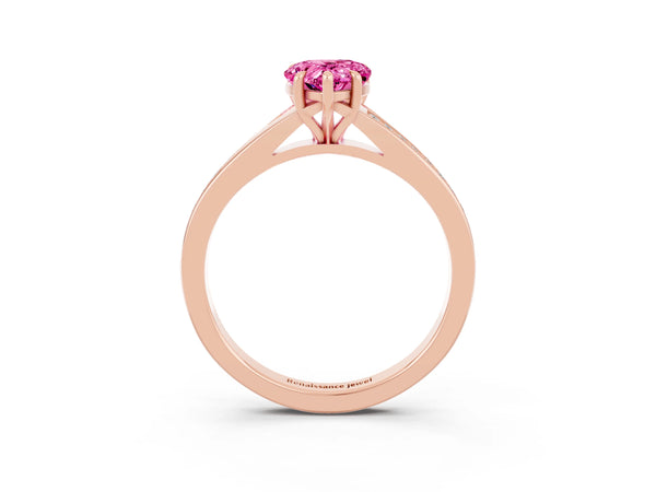 Rose gold Pear Cut Pink Sapphire Solitaire Ring with Pavé Band and Prong Setting