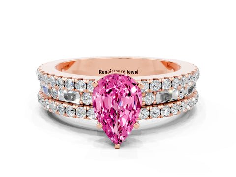 Rose gold Pear Cut Pink Sapphire Solitaire Ring with Pavé and Channel Set Band_24