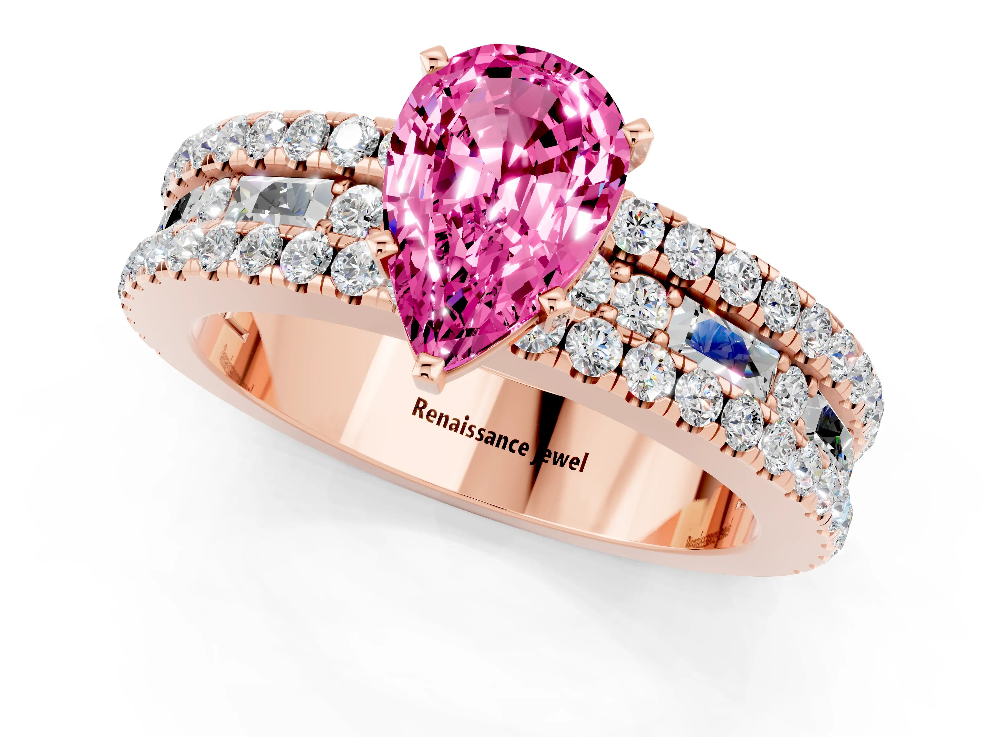 Rose gold Pear Cut Pink Sapphire Solitaire Ring with Pavé and Channel Set Band_25