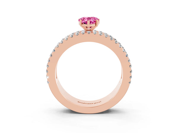 Rose gold Pear Cut Pink Sapphire Solitaire Ring with Pavé and Channel Set Band