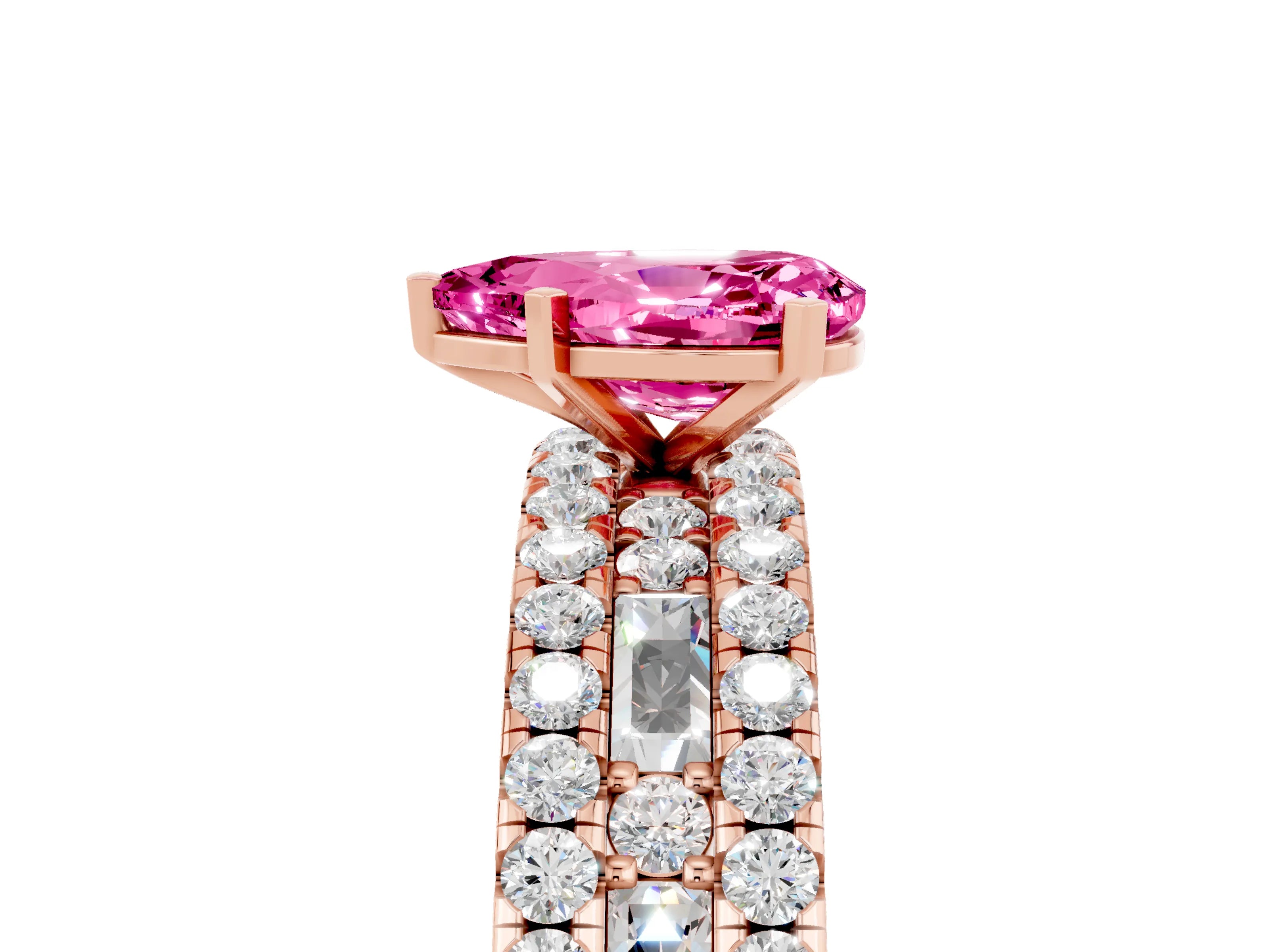 Rose gold Pear Cut Pink Sapphire Solitaire Ring with Pavé and Channel Set Band_29