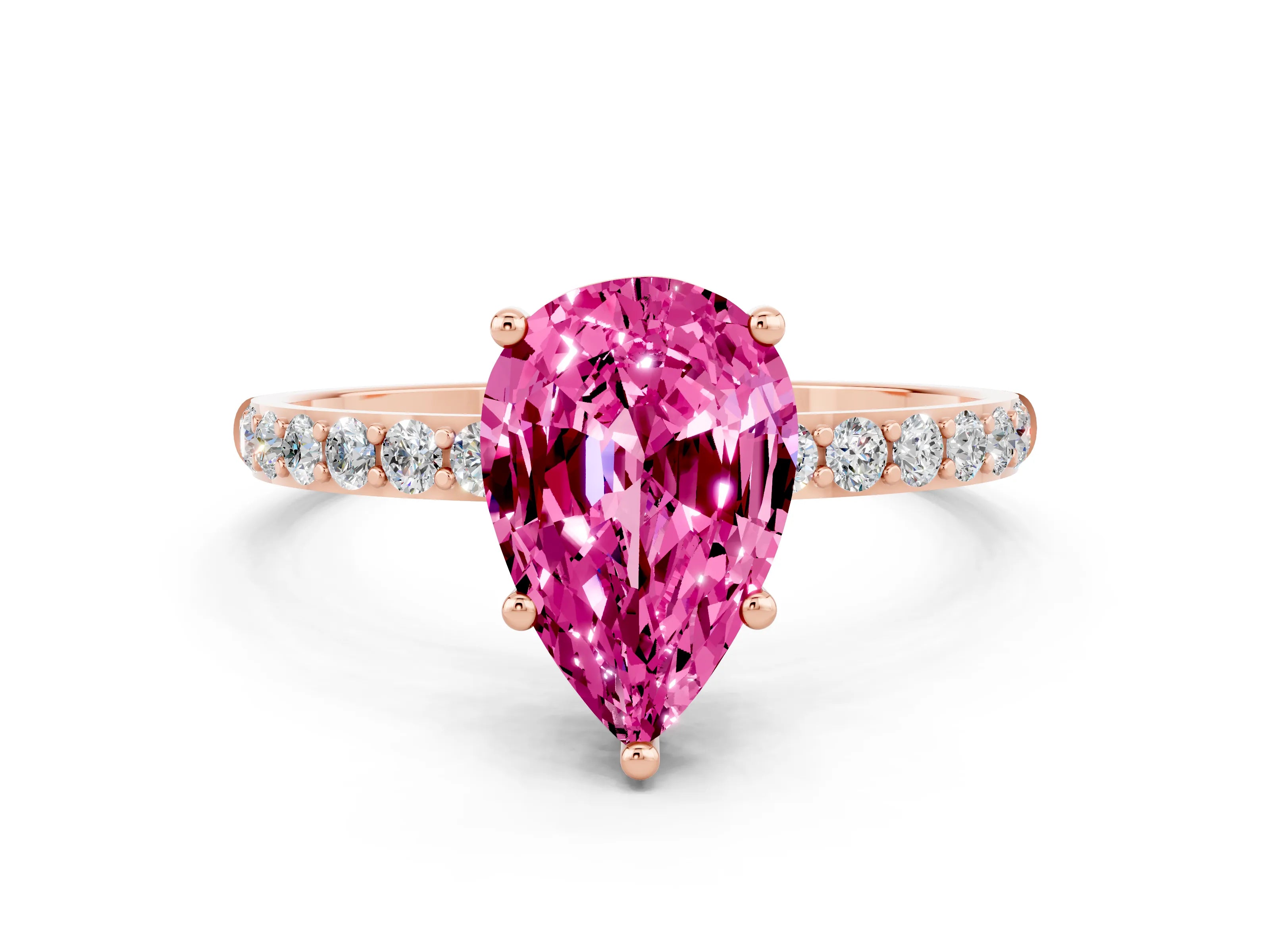 Rose gold Pear Cut Pink Sapphire Solitaire Ring with Pave Band and Four Prong Setting_48