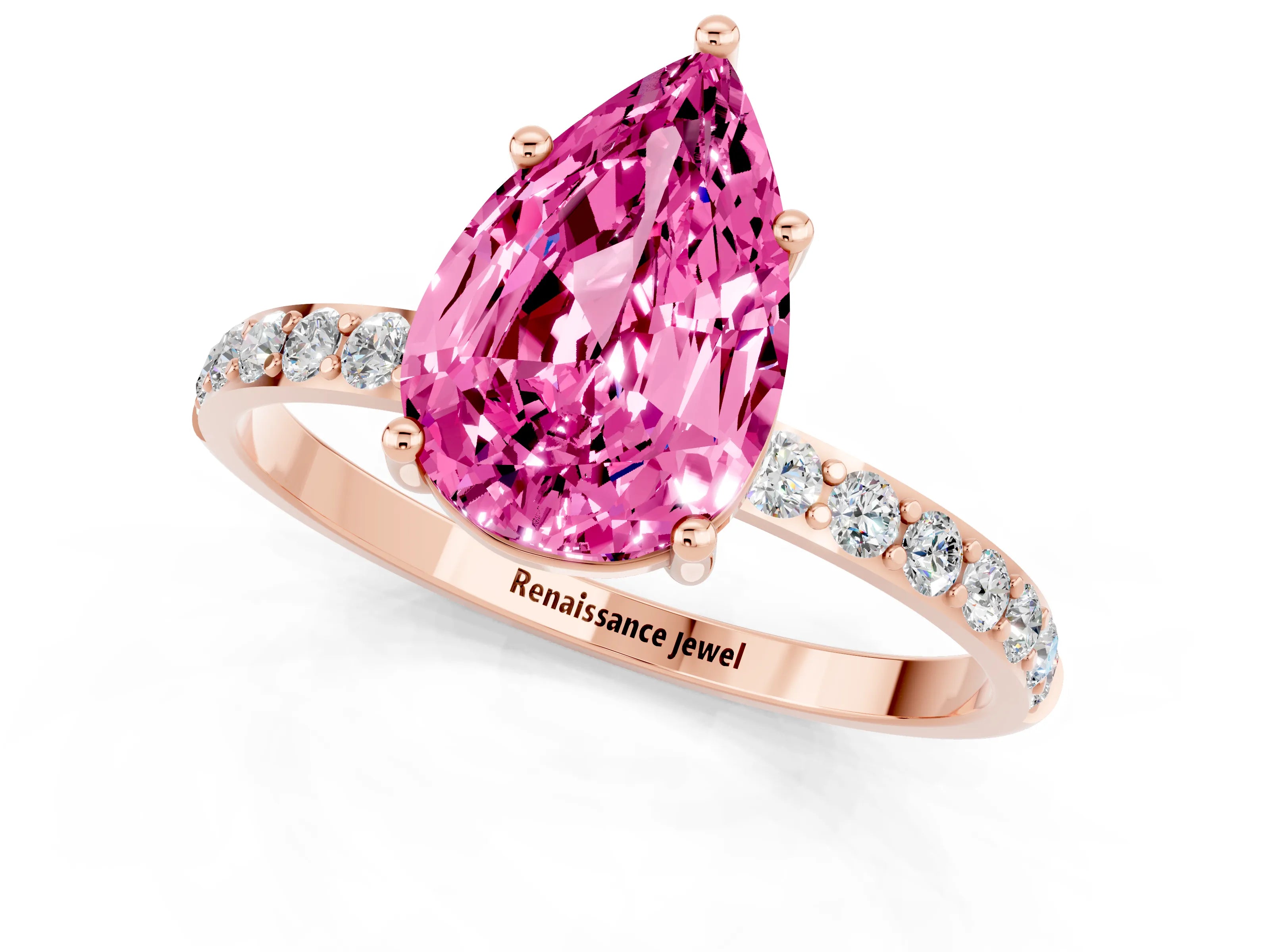 Rose gold Pear Cut Pink Sapphire Solitaire Ring with Pave Band and Four Prong Setting_49