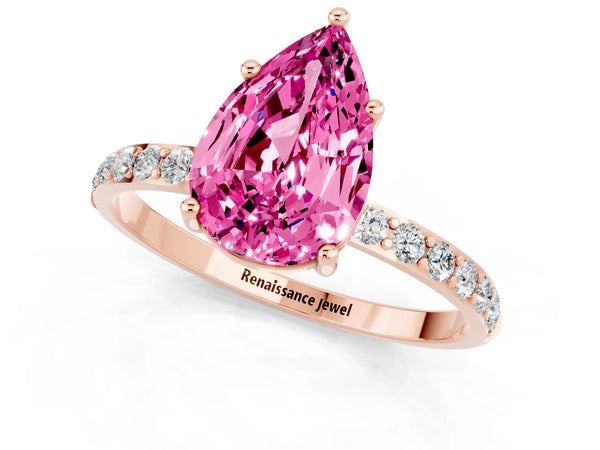 Rose gold Pear Cut Pink Sapphire Solitaire Ring with Round  Pavé Band and Prong Setting