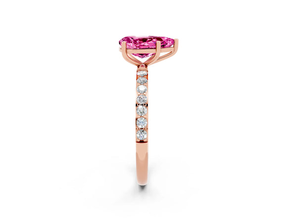 Rose gold Pear Cut Pink Sapphire Solitaire Ring with Round  Pavé Band and Prong Setting