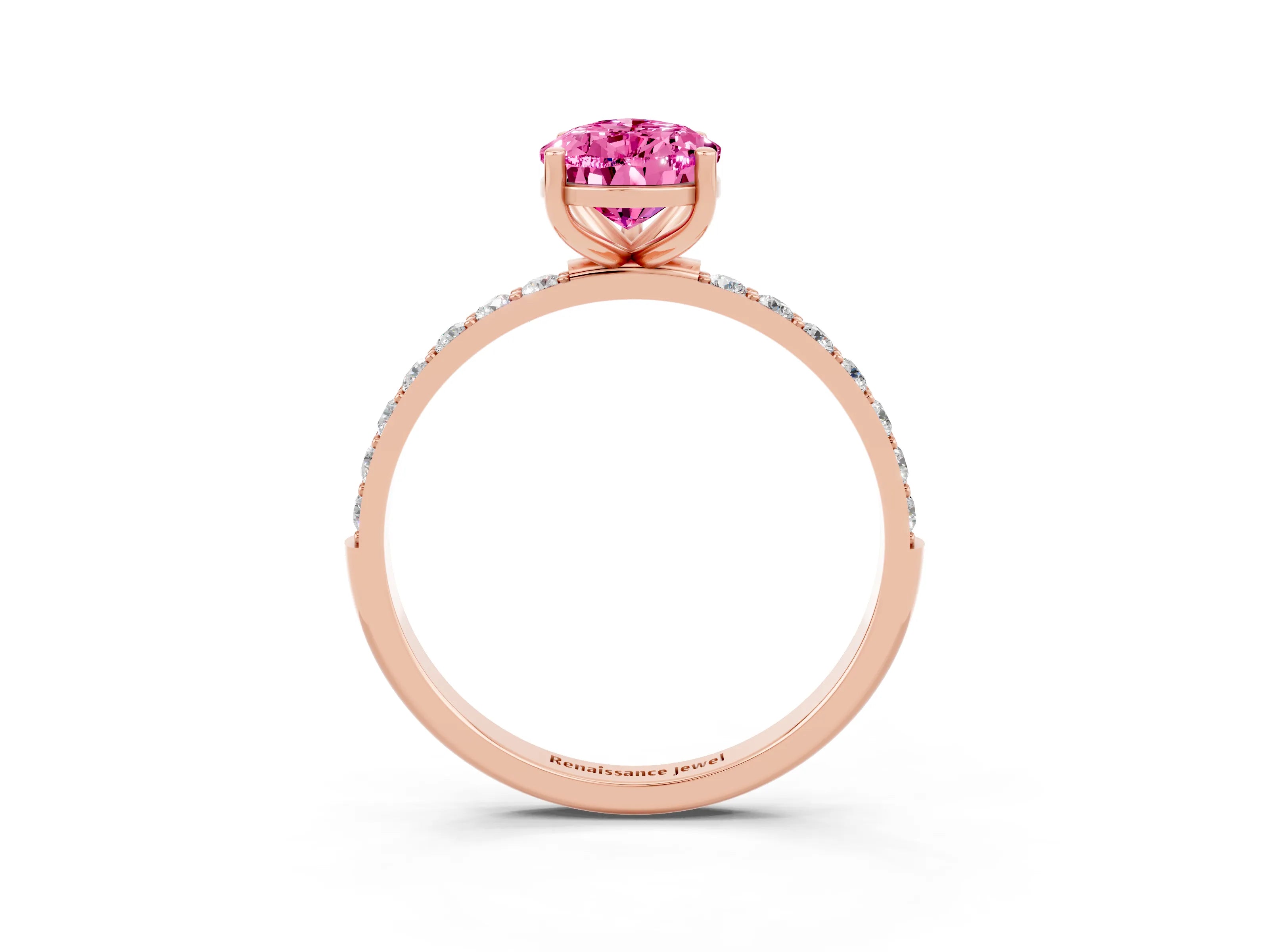 Rose gold Pear Cut Pink Sapphire Solitaire Ring with Pave Band and Four Prong Setting_51